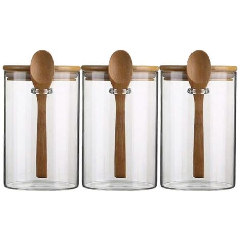 Bocaux de conservation en verre transparent, ronds et hermétiques, avec cuillères. (1/5)