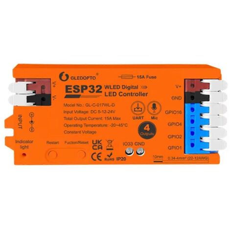 Contrôleur ESP32 WLED avec 4 sorties, fusible, micro et voyants orange (1/5)