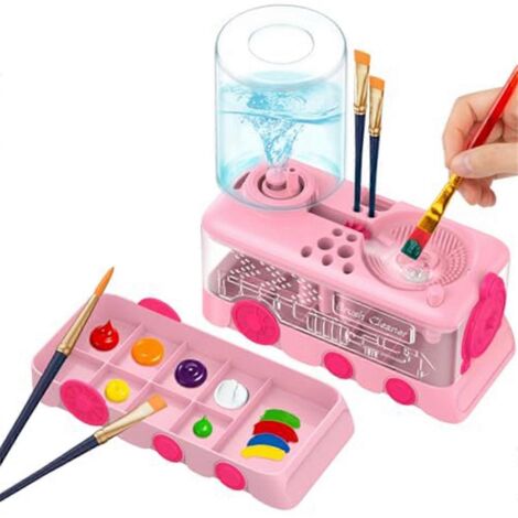 Nettoyeur de pinceaux à motifs de dessins animés amélioré avec plateau, support et système de drainage rose (1/5)