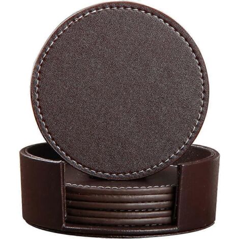 Dessous de verre avec support, lot de 6 dessous de verre ronds en cuir PU marron pour tasses à café et thé. (1/3)