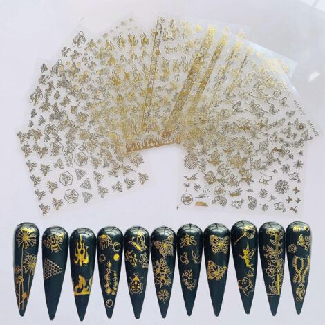 autocollants dorés pour nail art, motifs lune, étoile et fleurs, décorations pour ongles et Halloween (1/5)