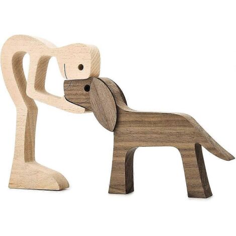 Sculptures en bois artisanales, figurines décoratives pour la maison, statue en bois représentant un homme et un chien (1/5)