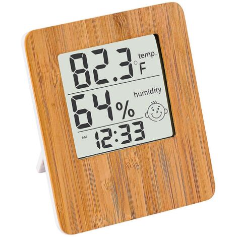 Hygromètre-thermomètre d'intérieur avec capteur d'humidité et horloge, hygromètre numérique décoratif en bambou (1/5)