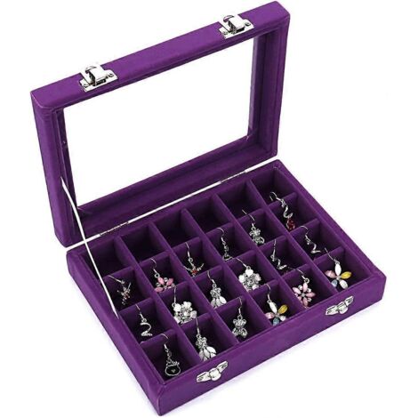 Boîte de présentation en verre velours pour bijoux, bagues et boucles d'oreilles (violet) (1/4)