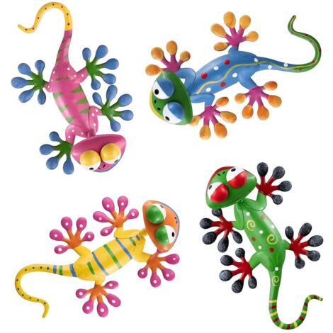 Décoration murale extérieure en métal Gecko, lot de 4 sculptures et statues de lézards avec balancement (1/5)