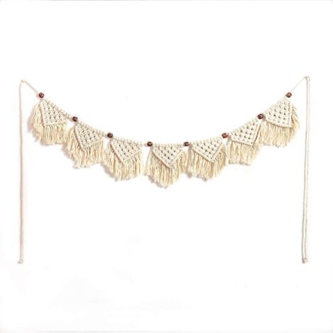 Décoration murale en macramé fait main, tapisserie à franges et pompons, bannière en coton naturel tissé au crochet avec perles de bois, pour appartement ou dortoir (7 drapeaux) (1/5)