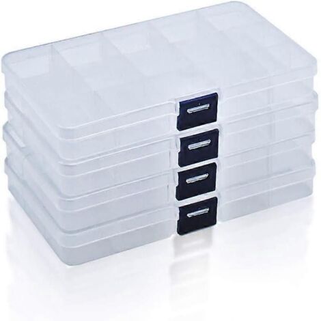 boîtes de rangement en plastique avec couvercle, boîtes de rangement avec 15 compartiments réglables et amovibles pour perles, bibelots, vis, bijoux, etc. (4 chambres) (1/5)
