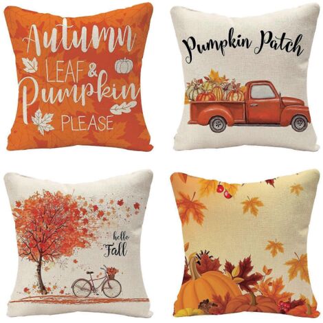 Ensemble de 4 taies d'oreiller décoratives d'automne - Motif citrouille d'automne, style ferme, en lin, 45 x 45 cm, pour canapé, lit de jour, maison, extérieur, voiture (45 x 45 cm). Merci (1/5)