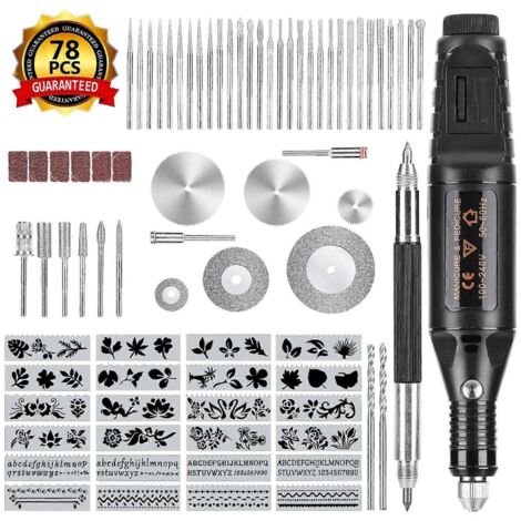 Kit de gravure 78 pièces, stylo graveur électrique pour métal et bois avec pointe de gravure, 52 forets et 24 pochoirs, outil de gravure DIY pour bijoux (1/5)