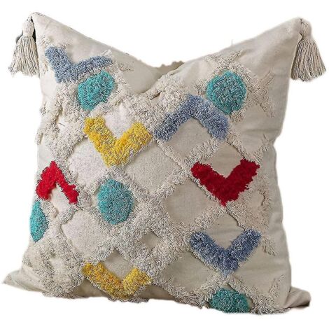 Housse de coussin décorative bohème 45x45 cm, housse de coussin tissée et touffetée avec pompons, coussin bohème (1/3)