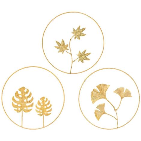 Ensemble de 3 sculptures murales rondes en fer, ornement décoratif représentant des fleurs de ginkgo biloba. (1/5)