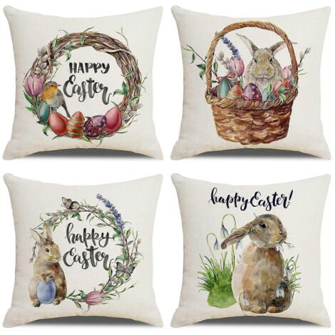 Ensemble de 4 taies d'oreiller décoratives Lapin de Pâques - Housse de coussin en lin motif œuf et camion 45 x 45 cm pour canapé, lit de jour, maison, extérieur, voiture (45 x 45 cm Pâques/Lapin) (1/5)