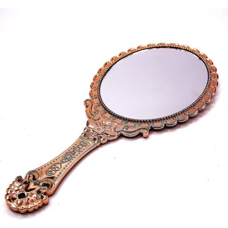 Miroir à main vintage avec poignée, miroir de courtoisie, miroir de voyage (ovale, or rose) (1/4)