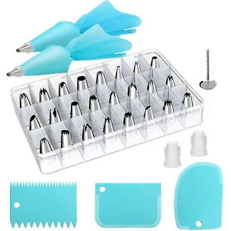 Ensemble de 32 pièces en acier inoxydable comprenant 24 douilles, une poche à douille réutilisable en silicone, 3 spatules et des accessoires pour la pâtisserie. (1/5)