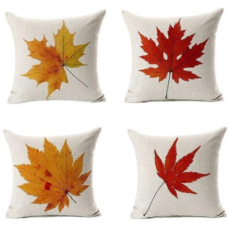 Housse de coussin d'automne (lot de 4, 45 x 45 cm), coussin décoratif pour la cuisine, la véranda ou le canapé, motif feuille d'érable, idéal pour l'automne et la fête des récoltes. (1/5)