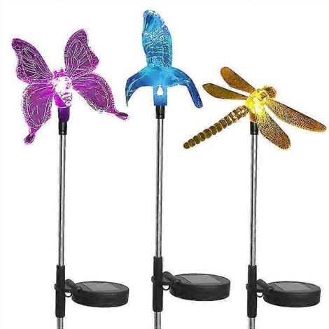 Lot de 3 guirlandes lumineuses solaires LED multicolores à motifs papillon, colibri et libellule pour décorer votre jardin lors de fêtes. (1/3)