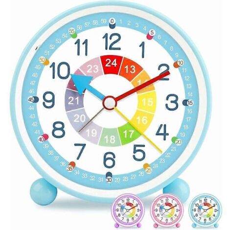 Réveil enfant analogique silencieux à piles, sans tic-tac, pour garçon ou fille. Fonction snooze et lumière vive. Idéal pour la chambre ou le bureau. - Bleu (1/4)