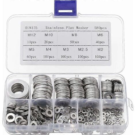 Rondelles en acier inoxydable avec boîte de rangement (lot de 580) - Assortiment de 9 tailles : M2, M2.5, M3, M4, M5, M6, M8, M10 et M12 - Lot de rondelles métalliques - Réparations (1/5)