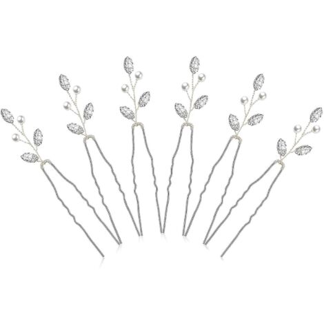 Lot de 6 épingles à cheveux de mariée ornées de perles et de cristaux, style vintage, pour une fête de mariage (argenté). (1/5)