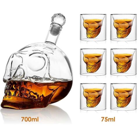 Bouteille en verre en forme de crâne, bouteille de 700 ml avec 6 verres de 75 ml en forme de crâne, bouteille de whisky/vodka en forme de crâne (1/4)