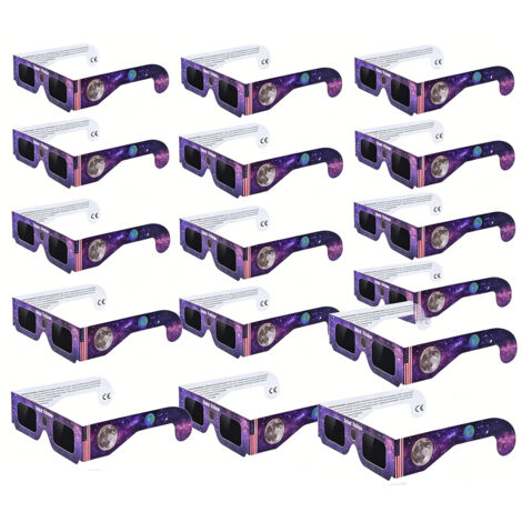 Lunettes d'éclipse solaire 2026, lot de 15, CE & ISO certifiées, observation directe du soleil, design ciel étoilé lune violet, protection oculaire sûre