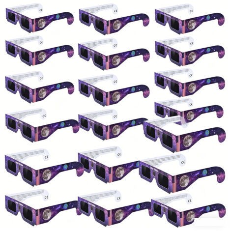 Lunettes d'observation d'éclipse solaire 2026, certifiées CE et ISO, protection sûre pour observation directe du soleil, design ciel étoilé violet et lune, lot de 20. (1/5)
