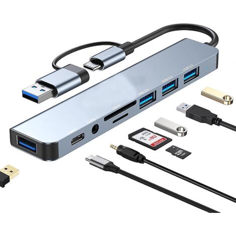 Hub USB-C 30 8 en 2 avec lecteur de cartes SD et TF, ports USB 30 et USB 20, alimentation 100 W, ports audio 3,5 mm. (1/5)