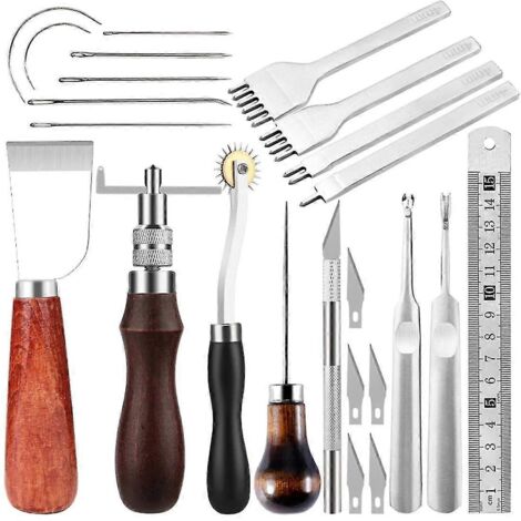 Kits d'outils pour le travail du cuir comprenant des outils de couture à la main, des poinçons, des outils de sculpture et autres accessoires pour le travail du cuir. (1/5)