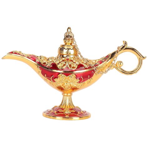 Lampe de table rétro arabe en alliage de zinc, ornée d'une gravure raffinée, avec inscription à vœux, accessoire de décoration doré et rouge. (1/5)