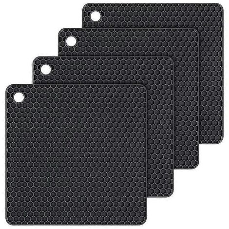 Lot de 4 dessous de plat en silicone, résistants à la chaleur et compatibles lave-vaisselle, de forme carrée noire. (1/5)