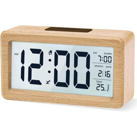 Réveil en bois avec grand écran LCD rétroéclairé, affichage de la température, fonction snooze, capteur de luminosité, fonctionne avec 3 piles AAA (non incluses). (1/5)