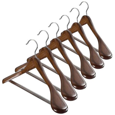Lot de 6 cintres en bois massif à épaules larges, sans barre pour pantalons, pour costumes et manteaux. (1/5)