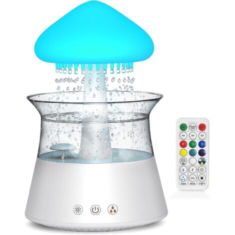 Humidificateur d'air à effet nuage de pluie, diffuseur d'humidité, humidificateur à goutte d'eau avec télécommande, lampe cascade, humidificateur champignon, sons de pluie, humidificateur à bruit blan (1/5)