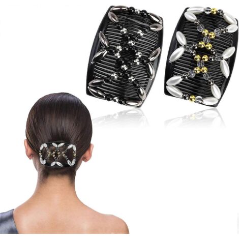 Lot de 2 peignes à cheveux à perles, peignes magiques élastiques double face, pinces, peigne en bois à double rangée, réglable, avec insert carré et fleurs, pour femmes et filles (à faire soi-même). (1/5)