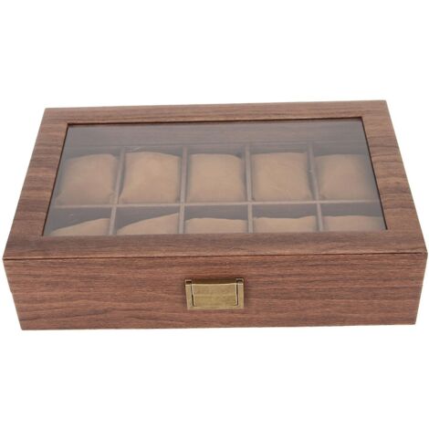 Coffret de rangement pour montres en bois, cuir PU, couvercle en verre, coussins amovibles, cadeau idéal pour la Saint-Valentin, 10 emplacements. (1/5)