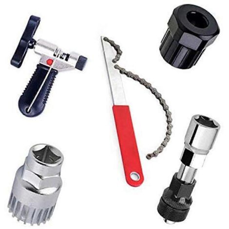 Kit d'outils de réparation 5 pièces : clé pour démontage de roue libre + extracteur de manivelle + extracteur de bague de verrouillage de pignon + outil pour démontage de boîtier de pédalier + dérive- (1/5)