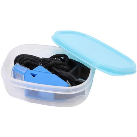 Sifflet en plastique bleu foncé, son clair, idéal pour l'extérieur et le basketball. Avec cordon et clip pour doigt. (1/5)