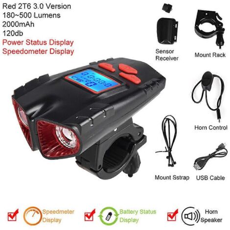 Éclairage vélo rechargeable USB avec sonnette et 4 modes d'éclairage pour vélo de route et VTT (1/5)