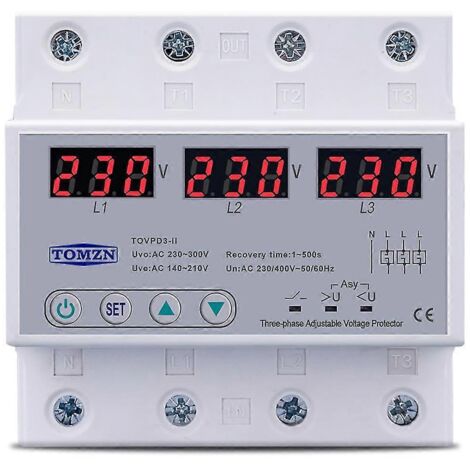 Dispositif de protection triphasé réglable contre les surtensions et les sous-tensions, à récupération automatique, 63 A, 380 V.