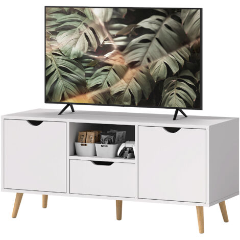Meuble TV mobile max 50" avec tiroir, étagère ouverte et armoires, 110x40x50 cm, blanc et bois (1/5)
