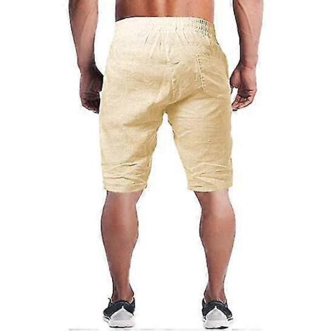 Short en lin pour homme, short de sport léger et décontracté en coton pour la gym et le yoga - XL - Beige (1/3)