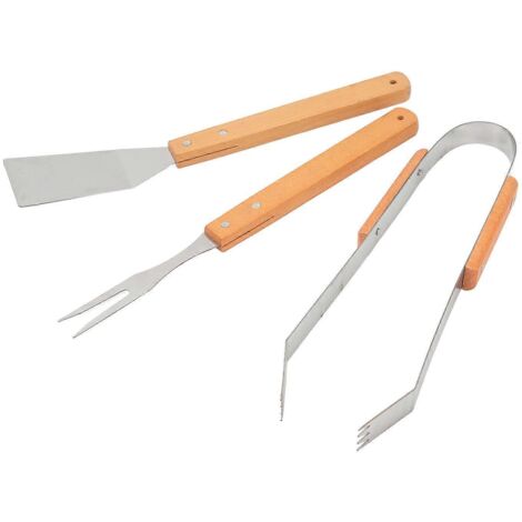 Ensemble de 3 ustensiles de barbecue en acier inoxydable avec manches en bois : fourchette, pelle et clip. (1/5)