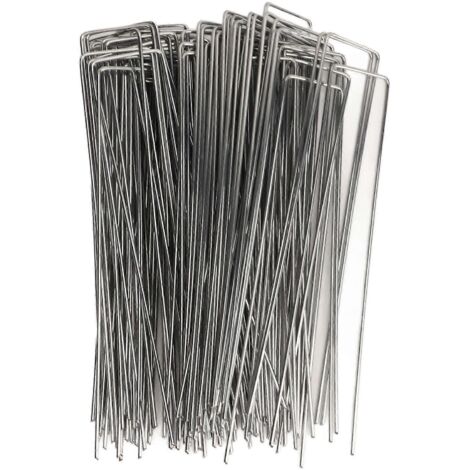 Lot de 100 piquets de jardin en forme de U, en acier galvanisé, pour la pose de toiles de paillage et autres décorations végétales. Rugosité : 2,5 mm / 0,10 po. (1/5)