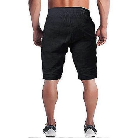 Short en lin pour homme, en coton léger et décontracté, idéal pour le sport, la gym et le yoga - Taille S - Noir (1/3)