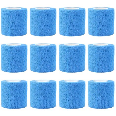 Lot de 12 bandages élastiques auto-adhésifs de 4,5 m pour animaux, pour la réparation des sabots de vaches. En polyester non tissé imperméable, bleu. (1/5)