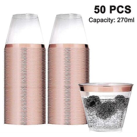 PIAO Lot de 50 verres à cocktail en plastique de 26 cl, gobelets robustes à bord transparent, jetables, parfaits pour les mariages, anniversaires et autres fêtes. Bordure or rose. (1/5)
