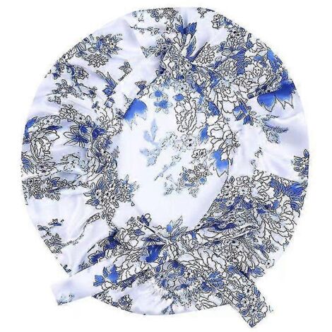Bonnet en soie, bonnet de nuit ajustable pour dormir, bleu à fleurs noires (1/2)