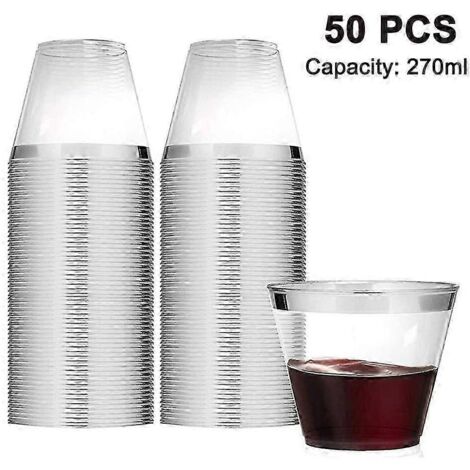 PIAO Lot de 50 verres à cocktail en plastique de 26 cl, gobelets transparents à bord résistant, jetables, pour mariages, anniversaires et fêtes. Bord argenté. (1/5)