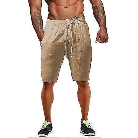 Short en lin pour homme, en coton léger et décontracté, idéal pour le sport, la gym et le yoga - XL - Kaki (1/5)