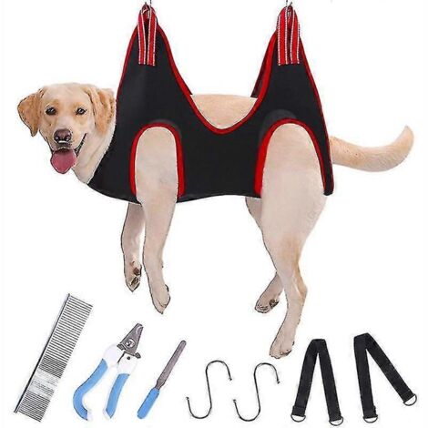 Harnais de toilettage pour chien avec coupe-ongles, tondeuse, lime à ongles, peigne, sac de contention respirant pour hamac, accessoire de toilettage - L - Rouge (1/5)